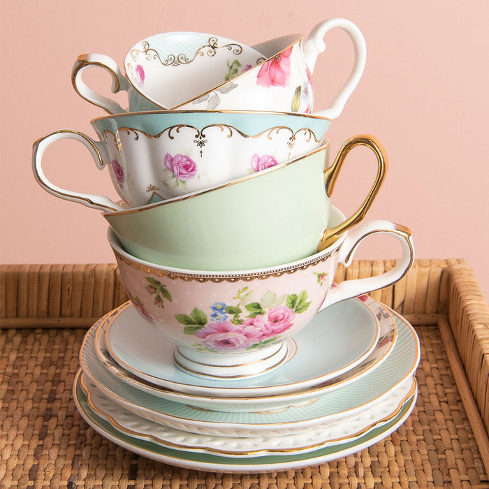 Clayre & Eef Kop en schotel 120 ml Groen Porselein Rond Bloemen