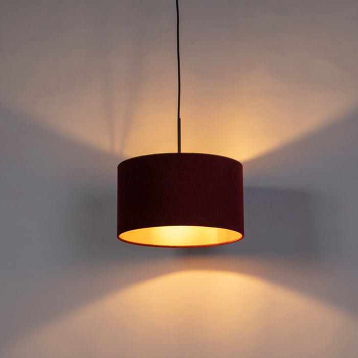 QAZQA Zwarte hanglamp met velours kap rood met goud 35 cm - Combi