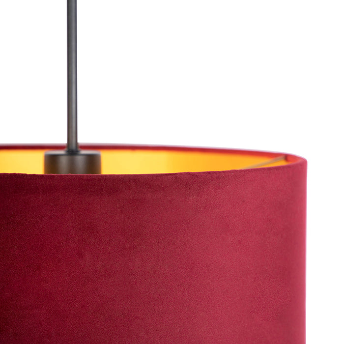 QAZQA Zwarte hanglamp met velours kap rood met goud 35 cm - Combi