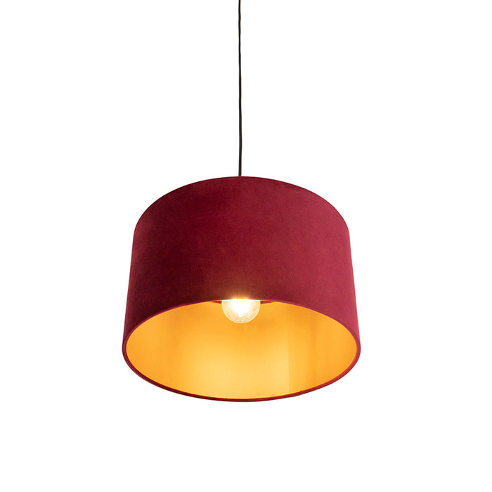 QAZQA Zwarte hanglamp met velours kap rood met goud 35 cm - Combi