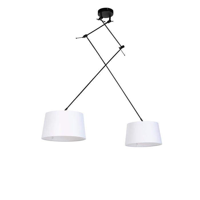 QAZQA Hanglamp zwart met linnen kappen wit 35 cm 2-lichts - Blitz