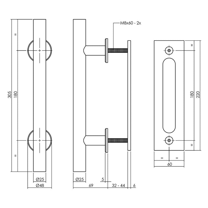Intersteel Deurgreep T-model Ø25x305 mm met schuifdeurkom 220x60 mm