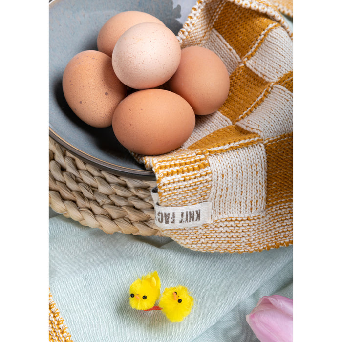 Knit Factory Gebreide Pannenlap Block - Ecru|Oker - 23x23 cm