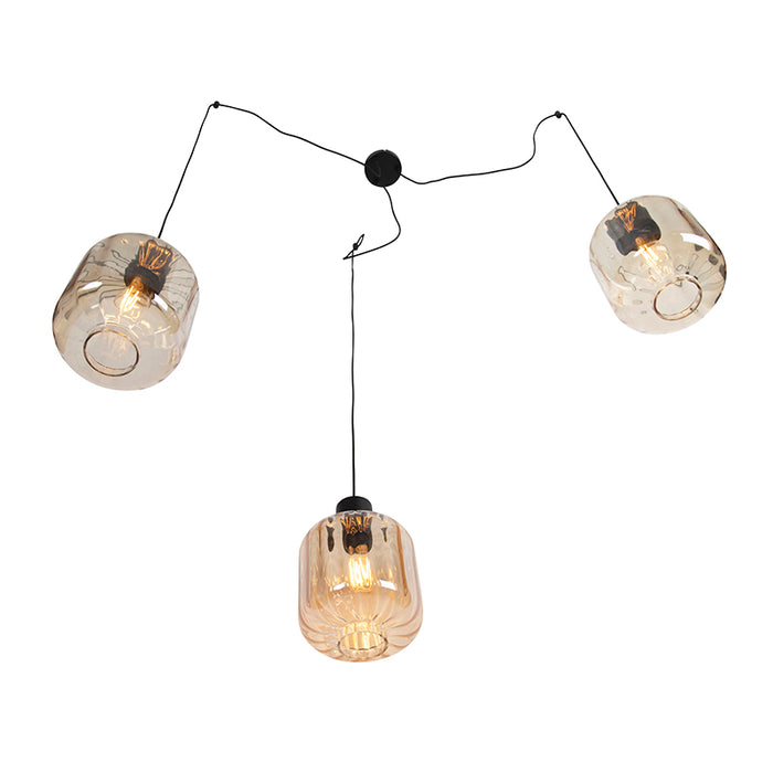QAZQA Design hanglamp zwart met amber glas 3-lichts 226 cm - Qara