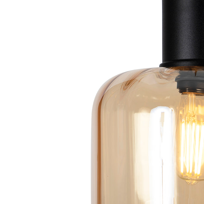 QAZQA Design hanglamp zwart met amber glas 3-lichts 226 cm - Qara