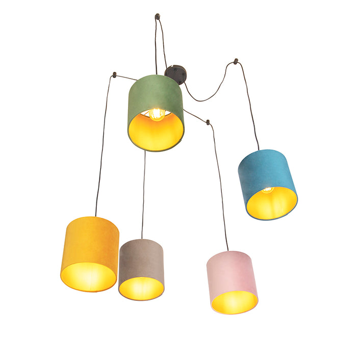QAZQA Hanglamp met 5 gekleurde velours kappen 20 cm - Cava