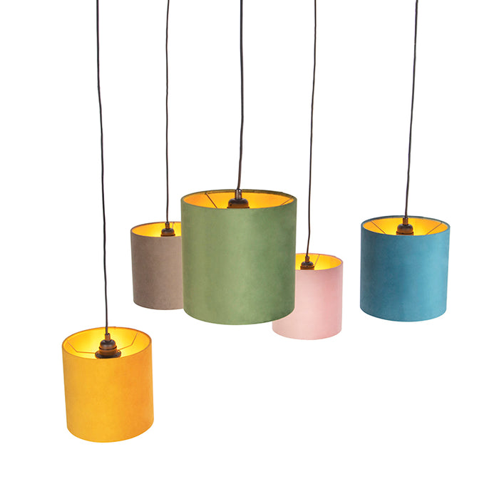QAZQA Hanglamp met 5 gekleurde velours kappen 20 cm - Cava