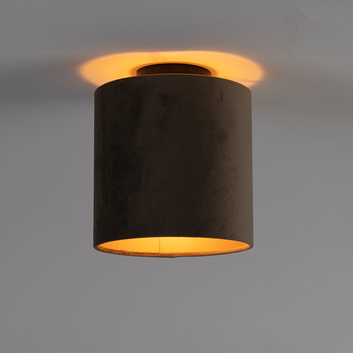 QAZQA Plafondlamp met velours kap taupe met goud 20 cm - Combi zwart