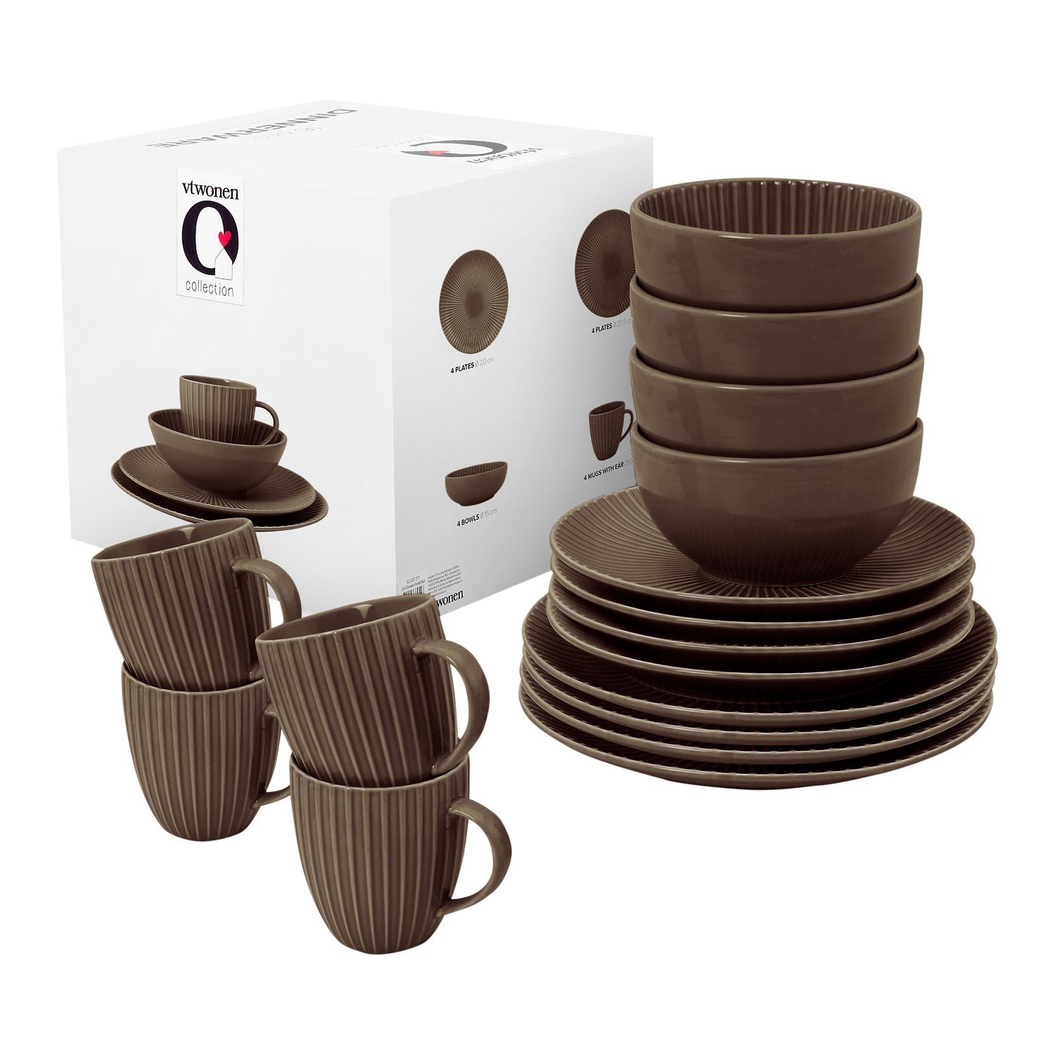 vtwonen Relievo Serviesset 16-delig - Warm Brown