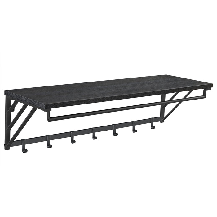 Wandkapstok met Plank en 7 Haken, Metaal en Hout, Zwart