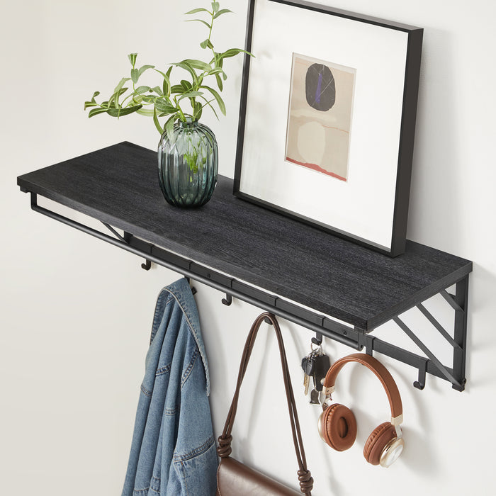 Wandkapstok met Plank en 7 Haken, Metaal en Hout, Zwart