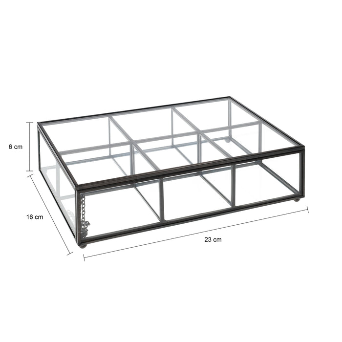 QUVIO Theedoos - Glas - Metaal - Zwart - 6 vakjes