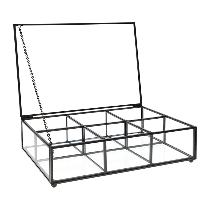 QUVIO Theedoos - Glas - Metaal - Zwart - 6 vakjes