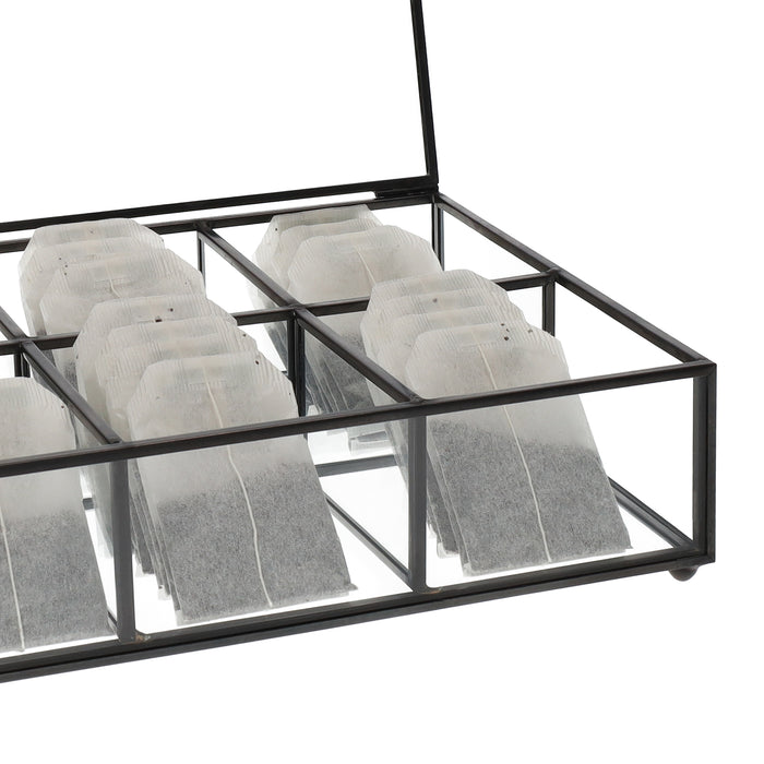 QUVIO Theedoos - Glas - Metaal - Zwart - 6 vakjes