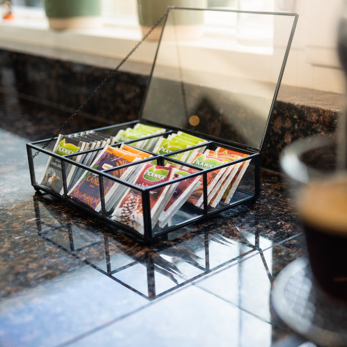 QUVIO Theedoos - Glas - Metaal - Zwart - 6 vakjes