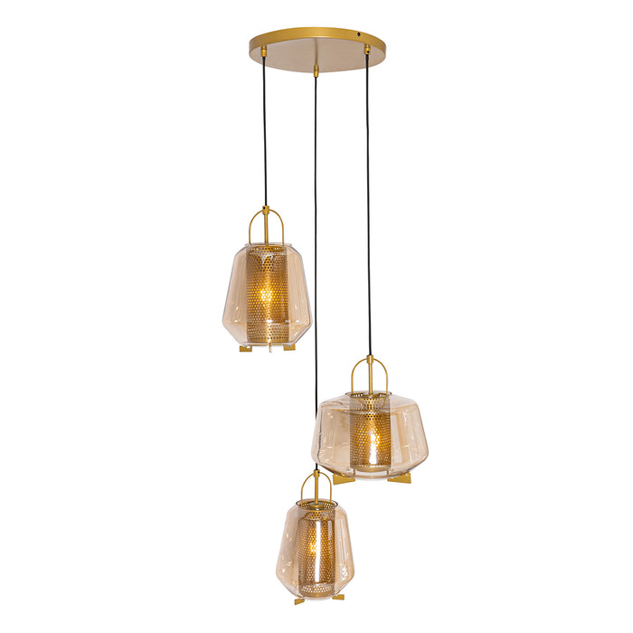 QAZQA Hanglamp goud amber glas rond 3-lichts - Kevin