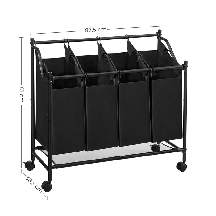 Mobiele wasmand - 4 vakken van elk 35 liter - 81 x 88 x 39 cm - zwart