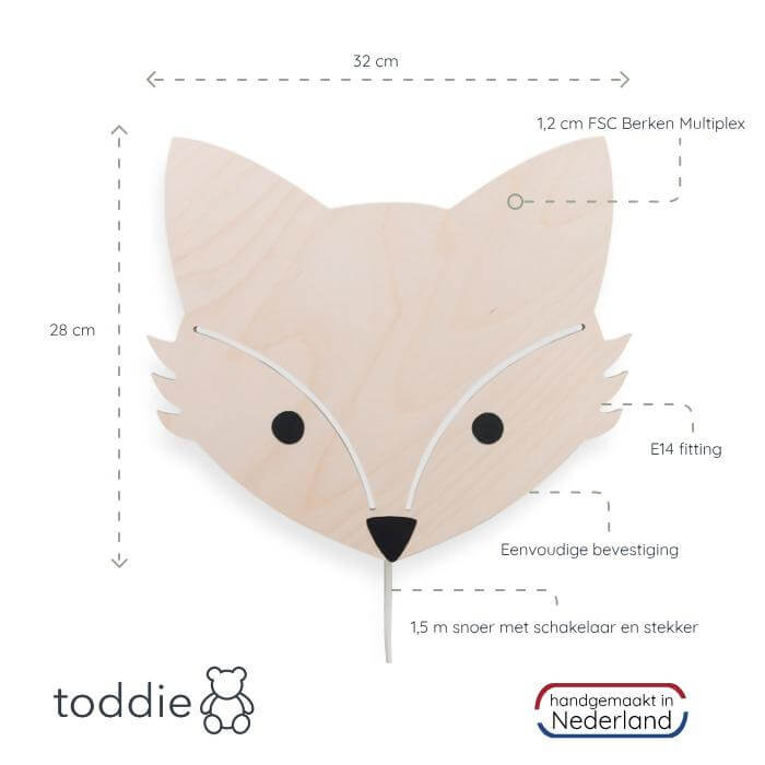 Houten wandlamp kinderkamer | Vos - blank