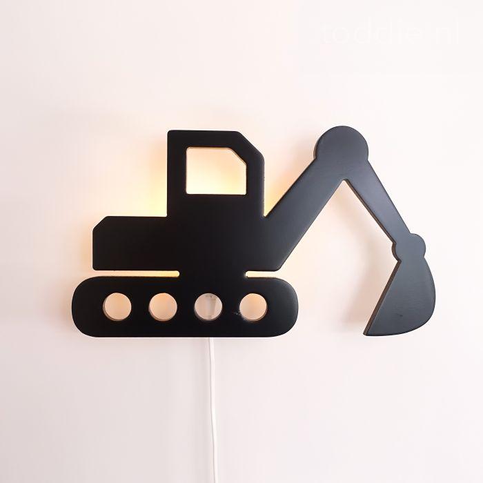 Houten wandlamp kinderkamer | Graafmachine - zwart