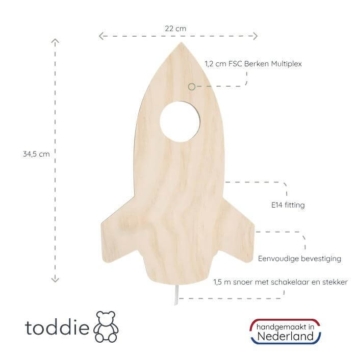 Houten wandlamp kinderkamer | Raket - blank