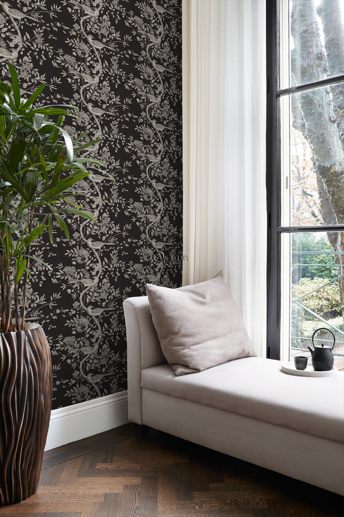 Origin Wallcoverings behang vogel gravure zwart - 347435 - 53 cm x 10,