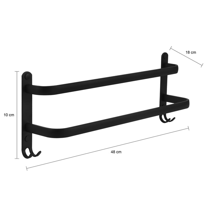 QUVIO Handdoekenrek wand met 2 stangen + 4 haakjes - 48 cm - Zwart