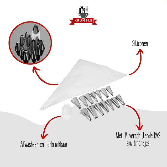 Krumble Slagroom spuitzak met 14 verschillende spuitmondjes