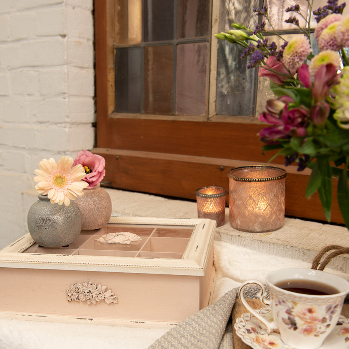 Clayre & Eef Theedoos 9 Vakken 32x26x9 cm Roze MDF Bloemen