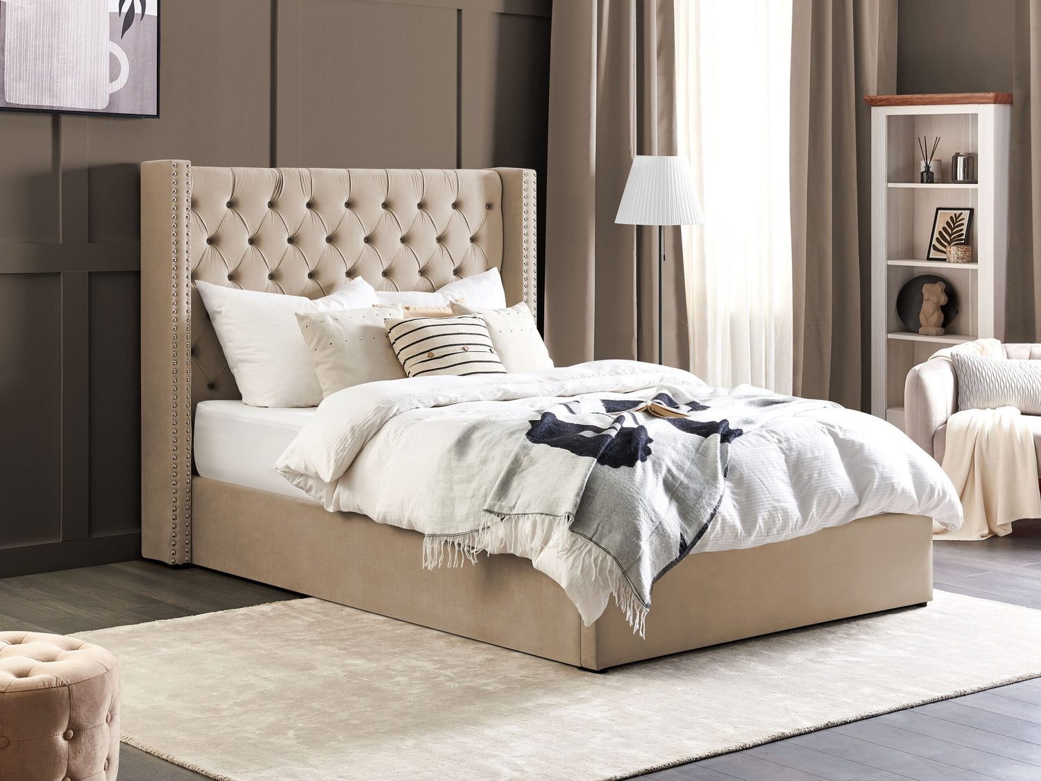 Beliani-LUBBON -Bed met opbergruimte-Beige-140 x 200 cm-Fluweel