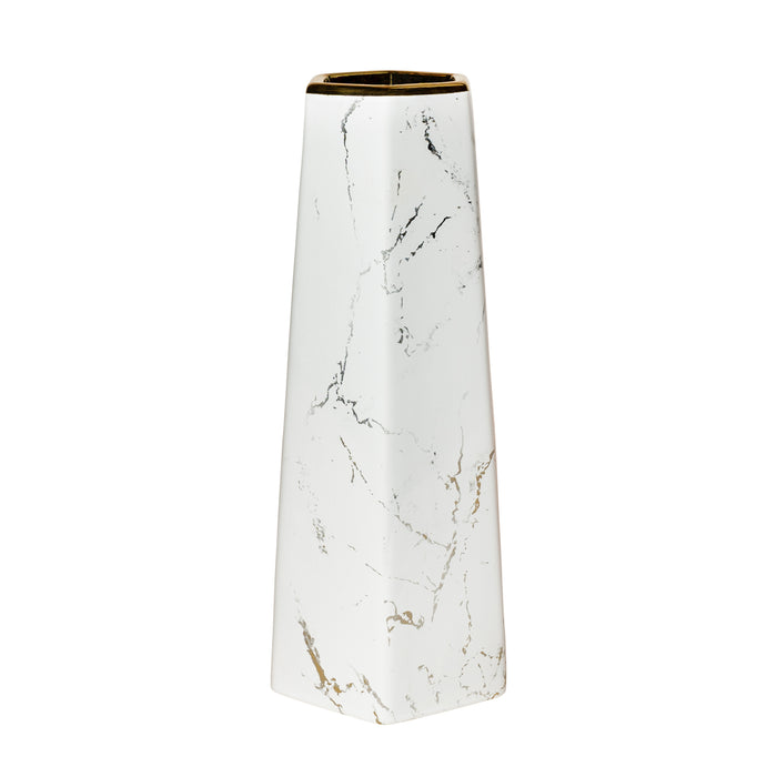 QUVIO Zeshoekige vaas, keramiek - Wit met goud marble look - L
