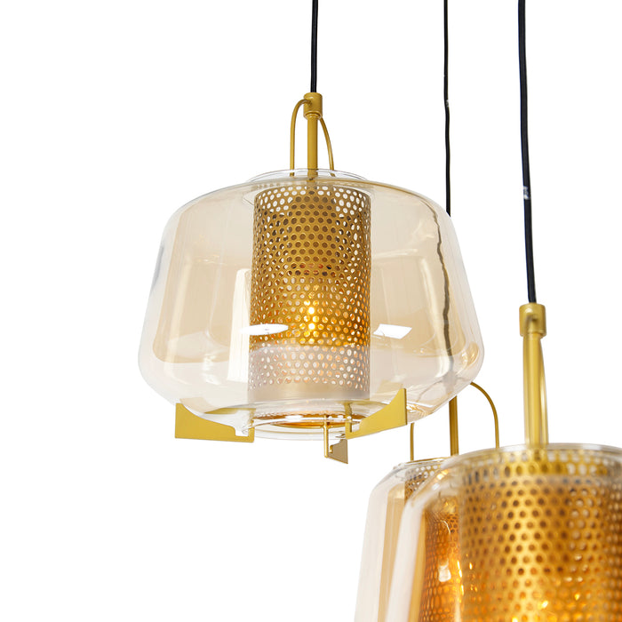 QAZQA Art deco hanglamp goud met amber glas 6-lichts - Kevin