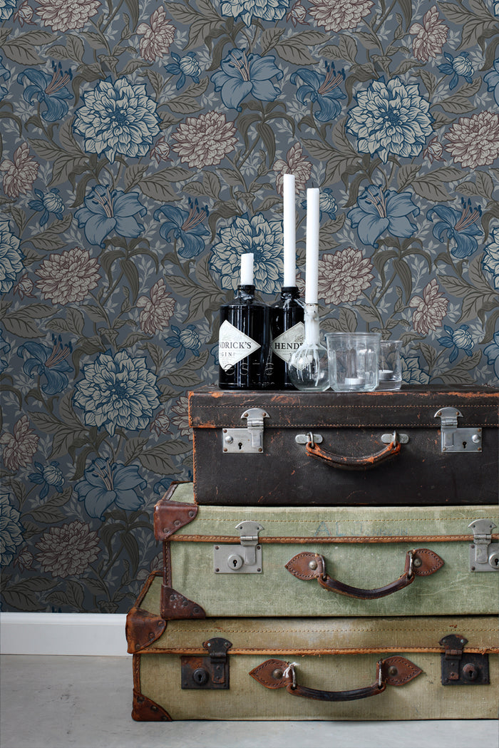 ESTAhome behang vintage bloemen vergrijsd blauw en warm grijs - 0.53 x