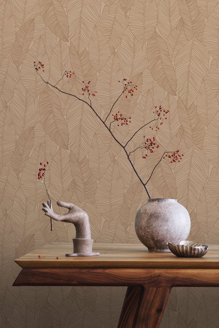 ESTAhome behang getekende bladeren terracotta roze - 0,53 x 10,05 m -