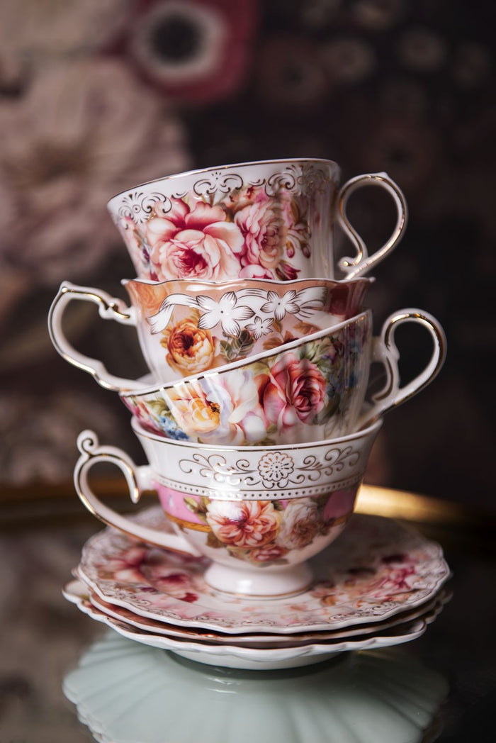 Clayre & Eef Kop en schotel  200 ml Roze Wit Porselein Rond Bloemen