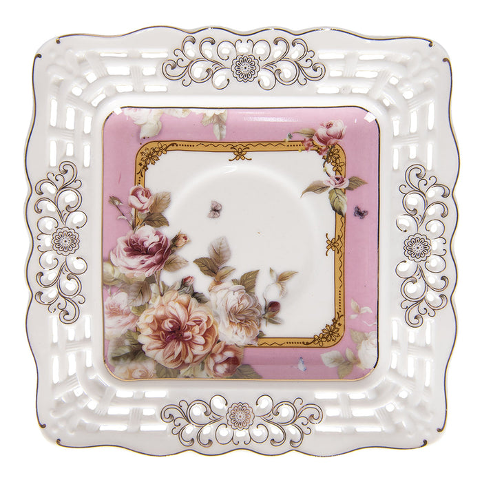 Clayre & Eef Kop en schotel  200 ml Roze Wit Porselein Rond Bloemen