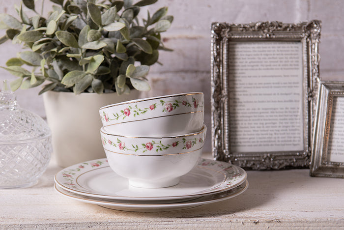 Clayre & Eef Soepkom  300 ml Wit Roze Porselein Rond Bloemen