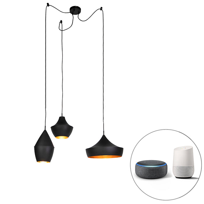 QAZQA Set van 3 smart hanglampen zwart met goud incl. Wifi A60  -