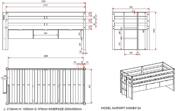 Vipack Margrit Kajuitbed met 3 Lades Wit