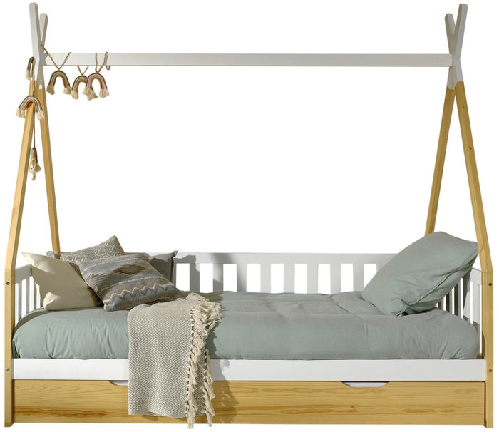 Vipack Tipi Bed met Uitvalbeveiliging en Bedlade Wit | Naturel