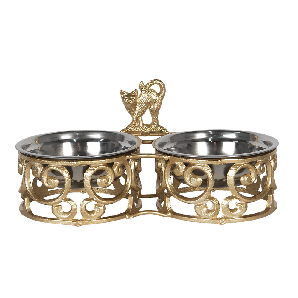 Clayre & Eef Voerbak Hond   2x750 ml Goudkleurig Ijzer Kat Voerbak Kat