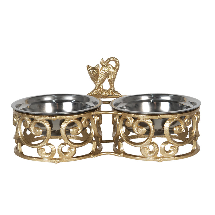 Clayre & Eef Voerbak Hond   2x750 ml Goudkleurig Ijzer Kat Voerbak Kat
