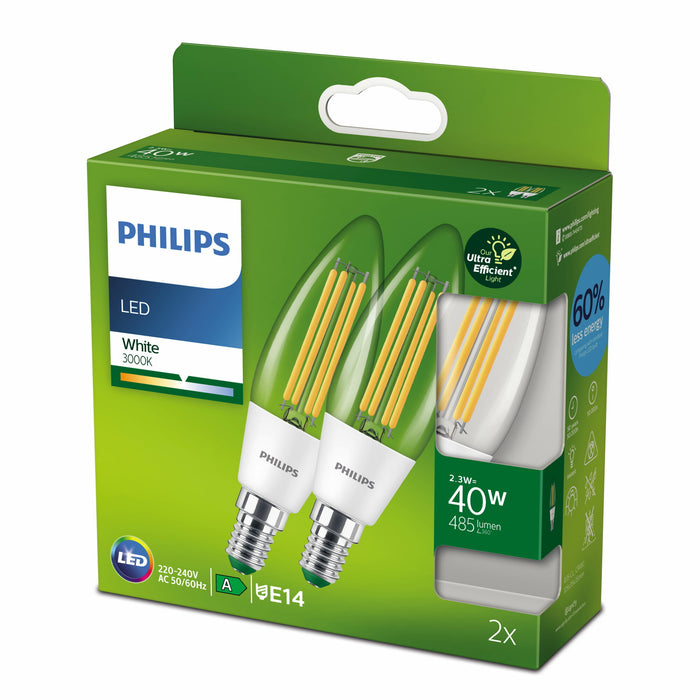 Philips LED Ultra Efficient kaars lamp helder niet dimbaar (2-pack) -…