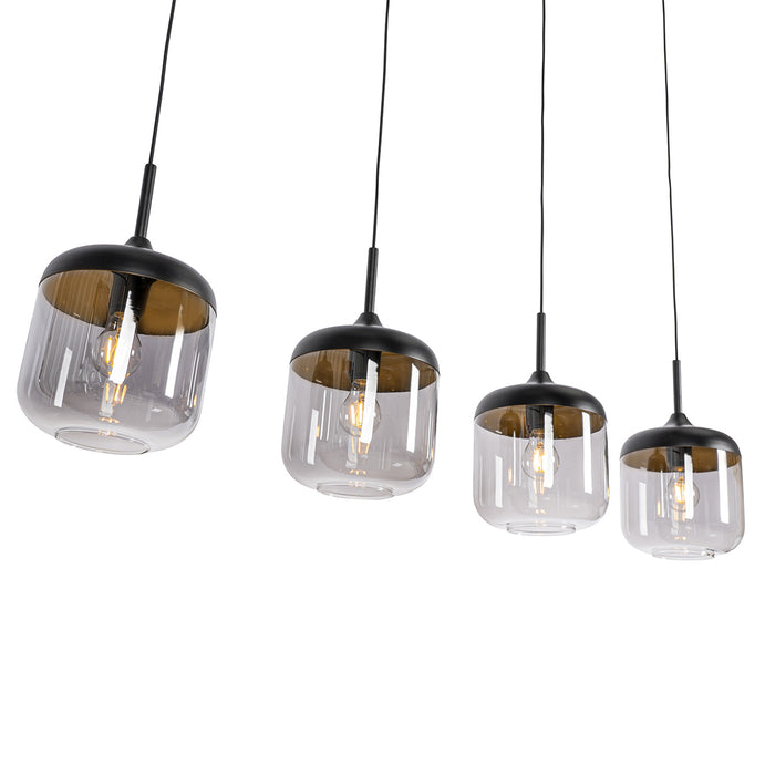 QAZQA Design hanglamp zwart met goud en smoke glas 4-lichts - Kyan