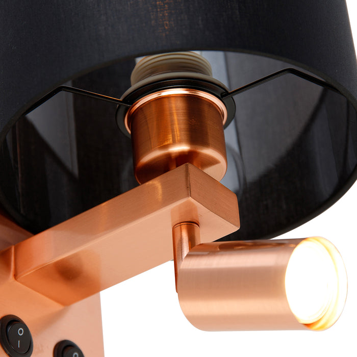QAZQA Wandlamp koper met leeslamp en kap 18 cm zwart - Brescia