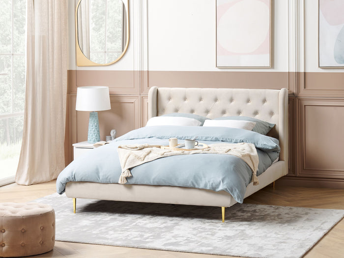 Beliani - FORBACH - Tweepersoonsbed - Beige - 140 x 200 cm - Fluweel