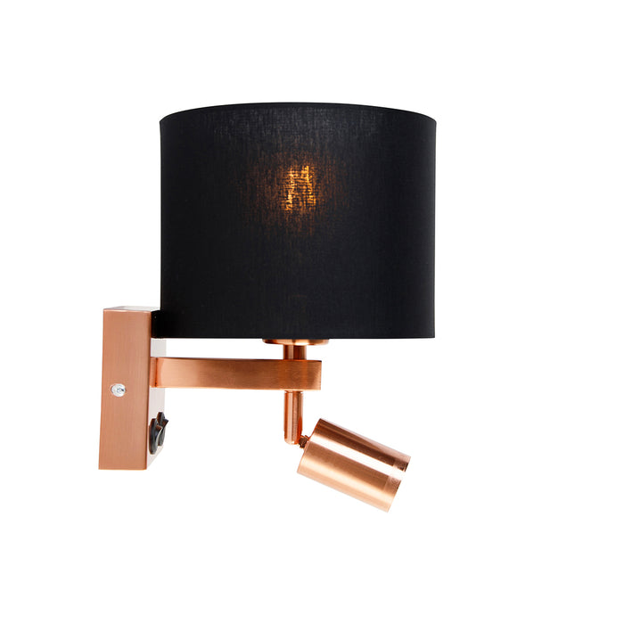 QAZQA Wandlamp koper met leeslamp en kap 18 cm zwart - Brescia