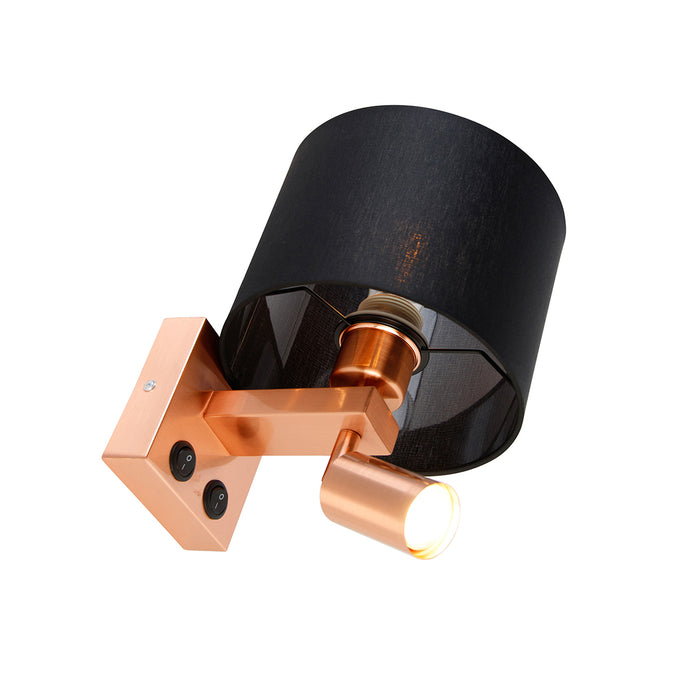 QAZQA Wandlamp koper met leeslamp en kap 18 cm zwart - Brescia