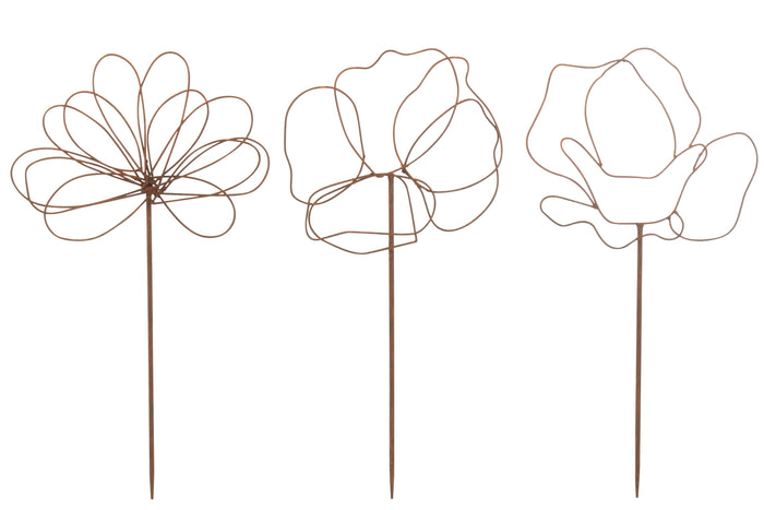 J-Line decoratie Tuin Bloemen - ijzer - roest - 3 stuks