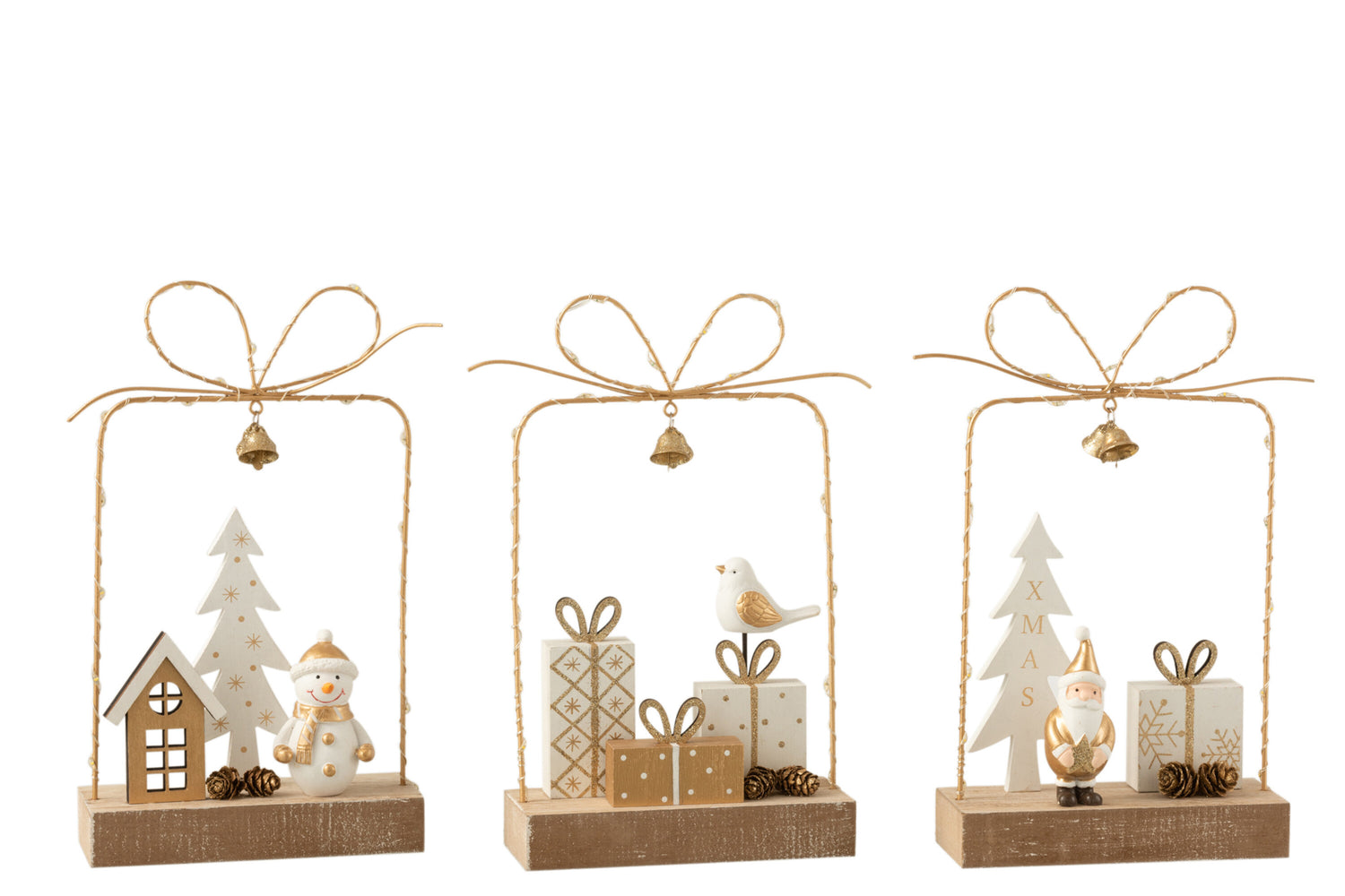 J-Line Pakje+Led Kerst Hout Wit|Goud|Naturel Assortiment Van 3