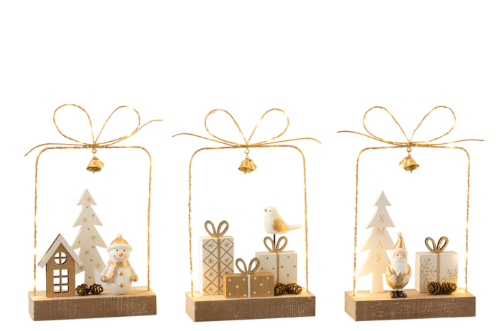 J-Line Pakje+Led Kerst Hout Wit|Goud|Naturel Assortiment Van 3